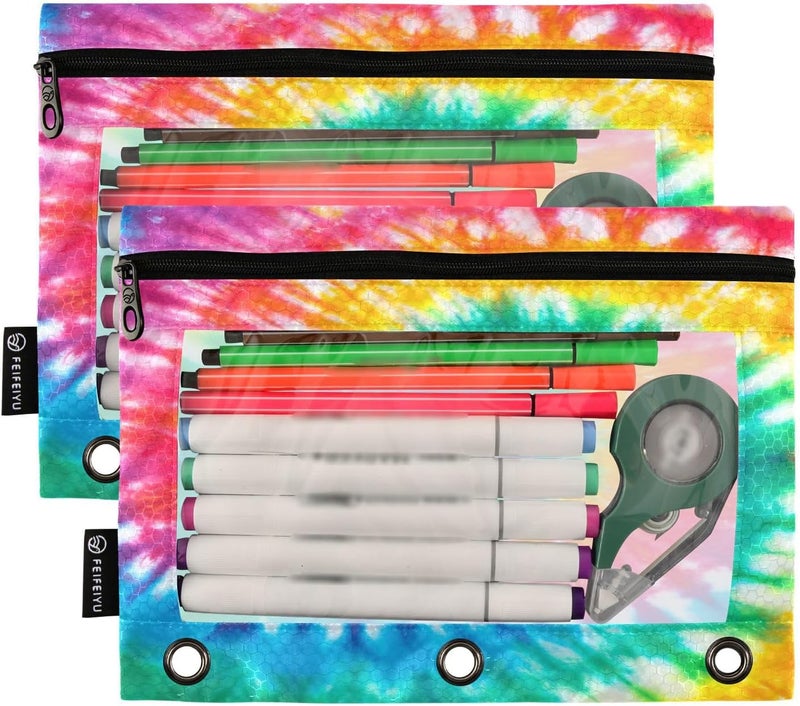 BOENLE Tie Dye Pencil Pouch for 3 Ring Binder, 2 Pack Waterproof Pencil Bags Clear Window Zipper School Office Supplies - Image 2